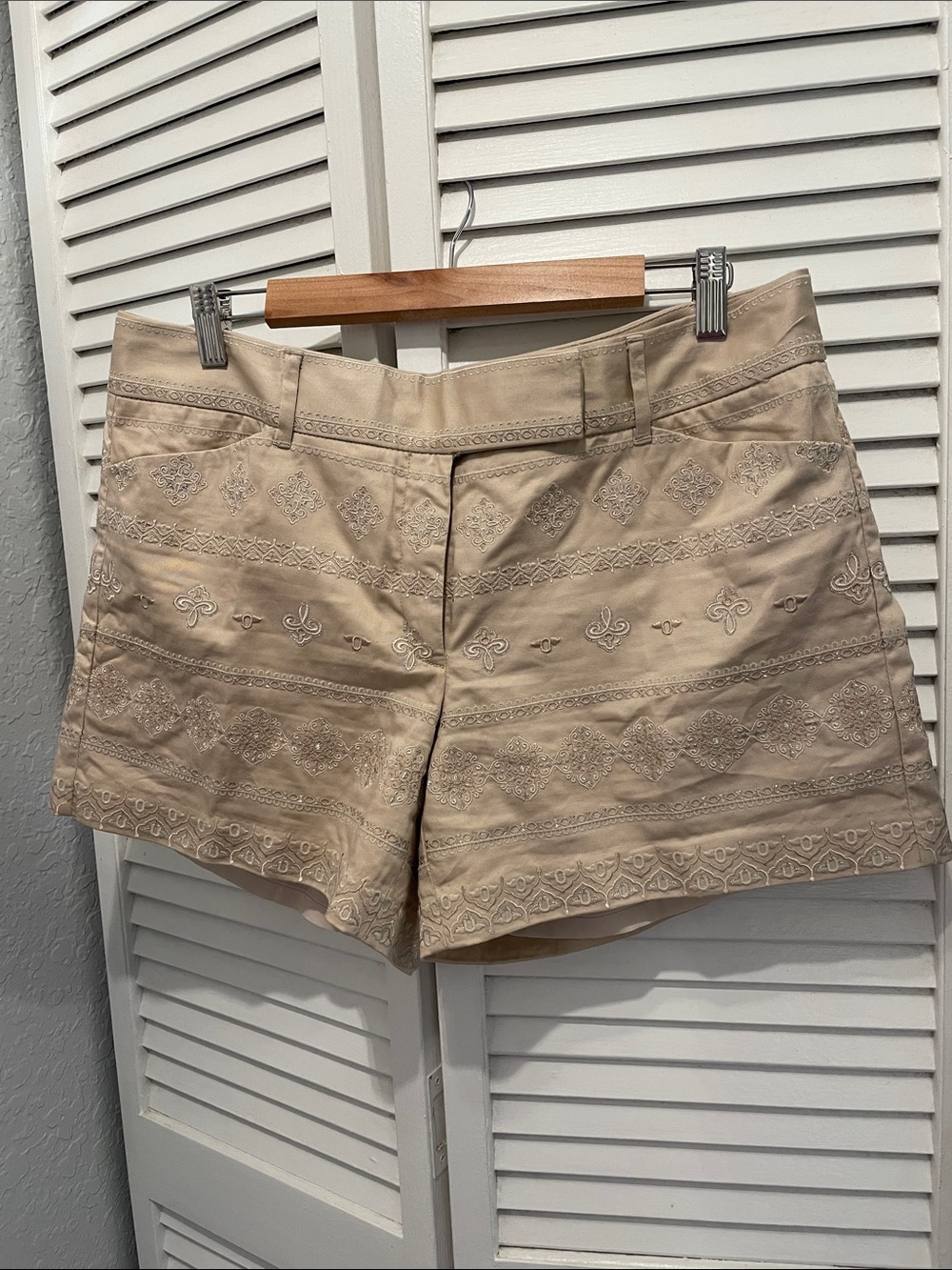 White House Black Market Khaki Embroidered Bermuda Shorts